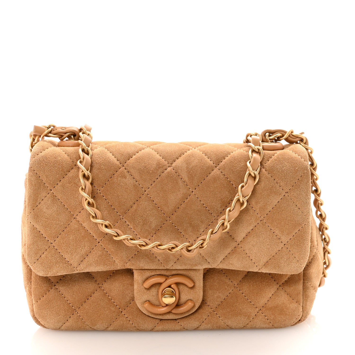 Suede Quilted Mini Flap Dark Beige