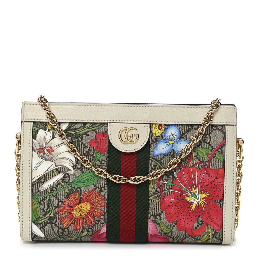 GG Supreme Monogram Flora Web Small Ophidia Chain Shoulder Bag White