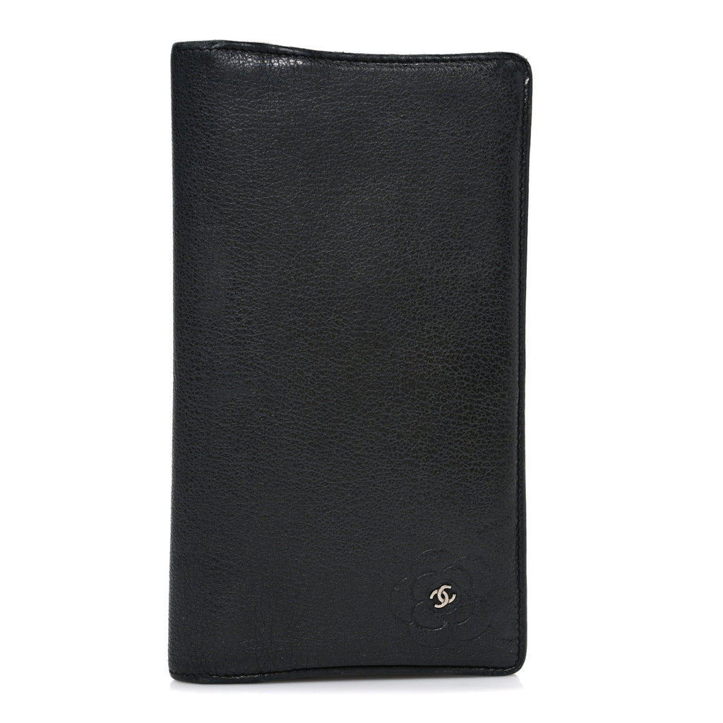 Goatskin Camellia Embossed Yen Wallet Black