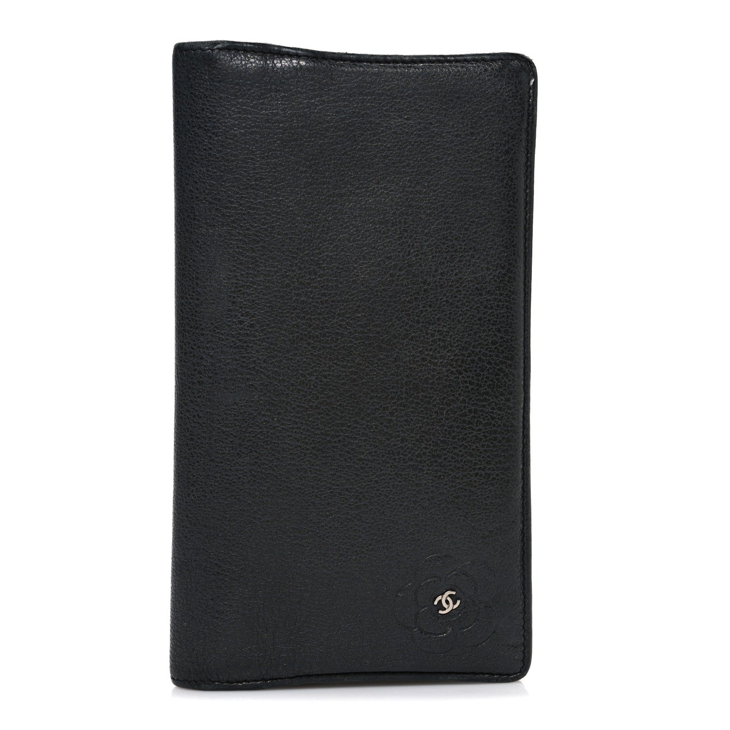 Goatskin Camellia Embossed Yen Wallet Black