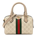 GG Supreme Monogram Textured Dollar Calfskin Web Ophidia Mini Top Handle Bag Beige Mystic White Oatmeal