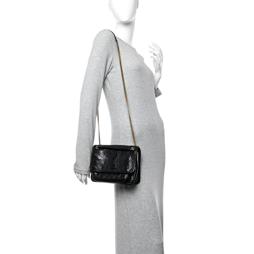 Crinkled Lambskin Matelasse Monogram Baby Niki Chain Satchel Black