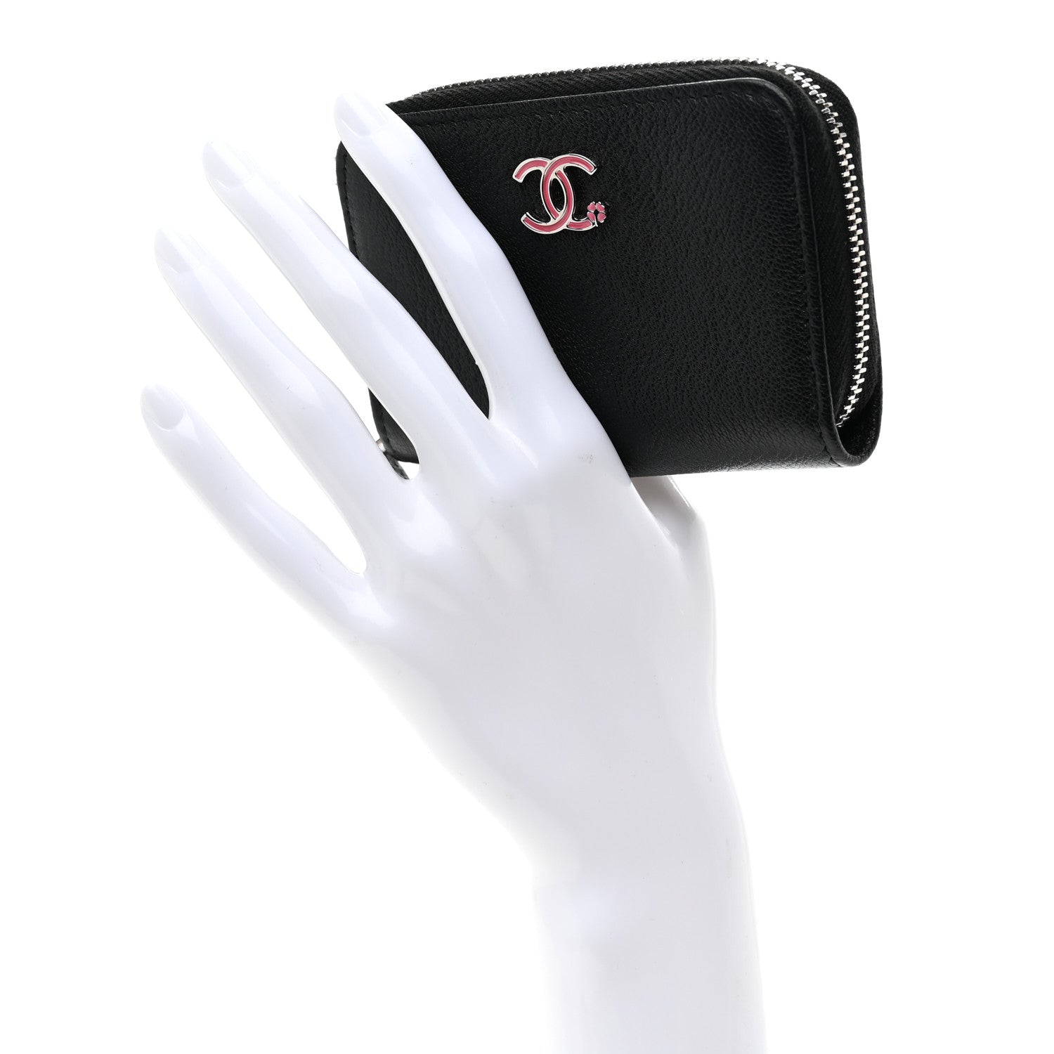 Goatskin Camellia Zip Coin Purse Black