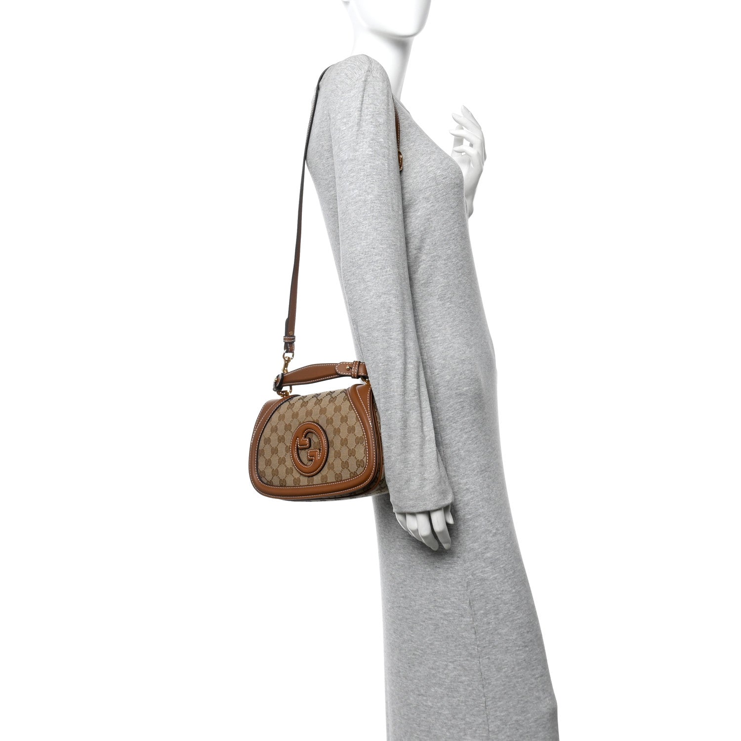 GG Monogram Calfskin Medium Blondie Top Handle Bag Beige Dark Brown