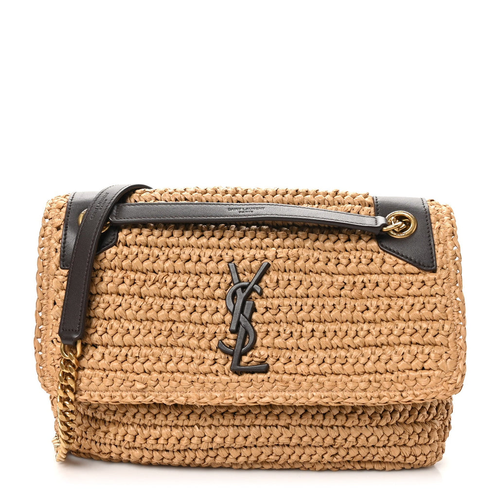 Raffia Calfskin Monogram Medium Niki Chain Satchel Natural