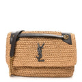 Raffia Calfskin Monogram Medium Niki Chain Satchel Natural