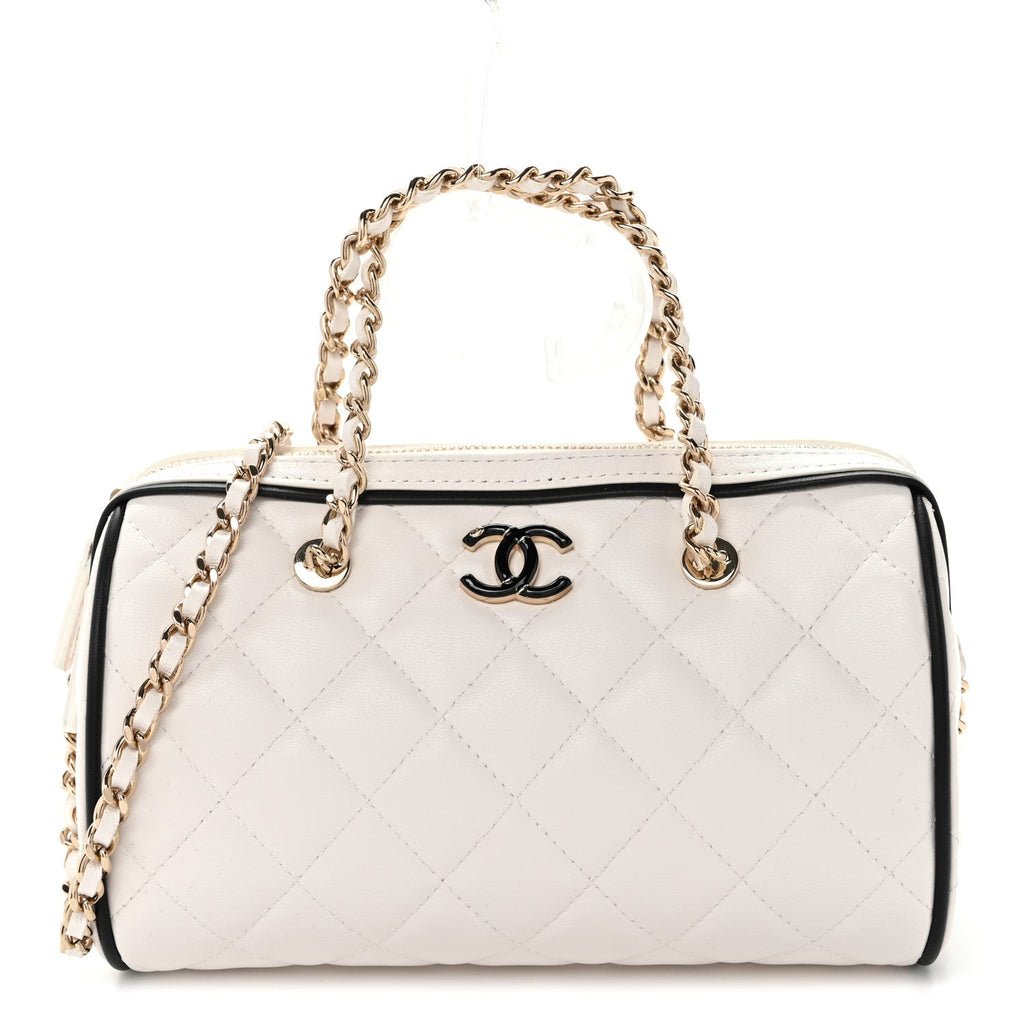 Lambskin Quilted Resin CC Mini Bowling Clutch With Chain White Black