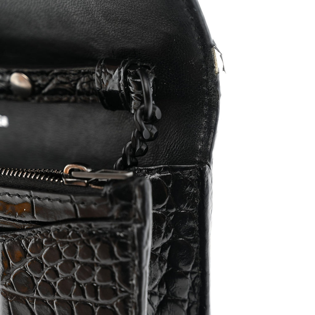 Shiny Calfskin Monochrome Crocodile Embossed Hourglass Chain Bag Black
