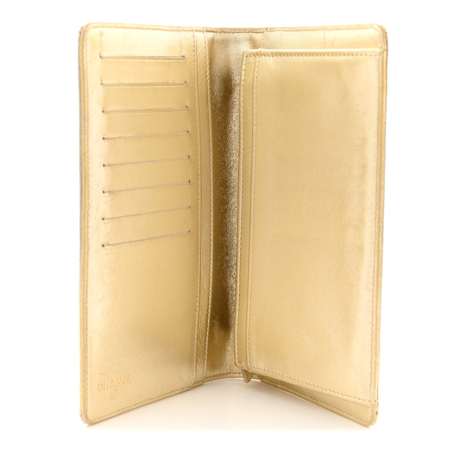 Metallic Patent Calfskin Quilted Lucky Symbols Yen Wallet Gold