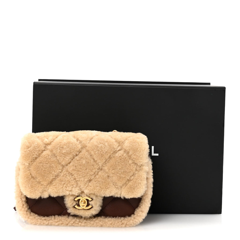 Shearling Lambskin Quilted Mini Furry Coco Flap Beige Dark Brown