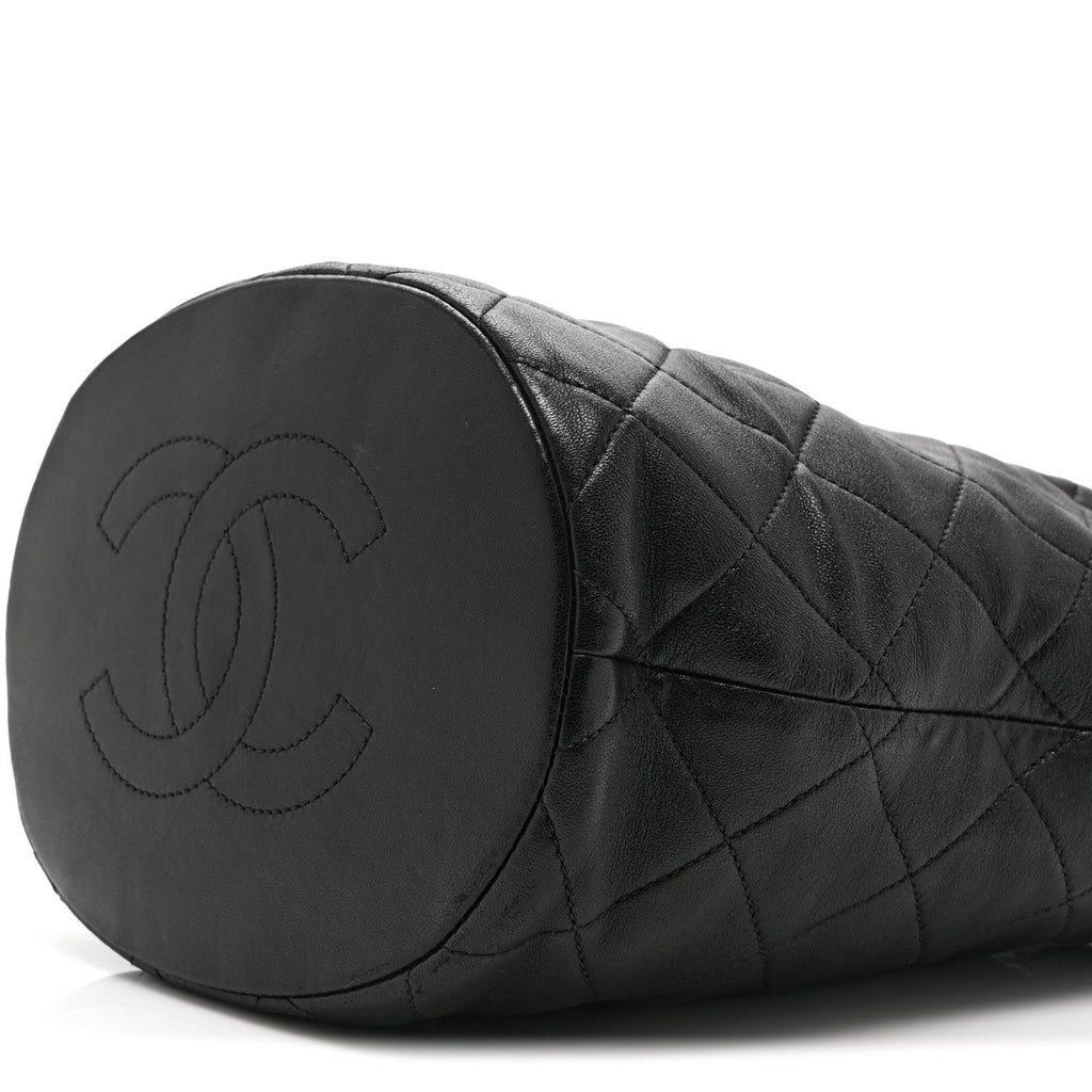 Shiny Lambskin Quilted Small Chain Is More Drawstring Bag Black