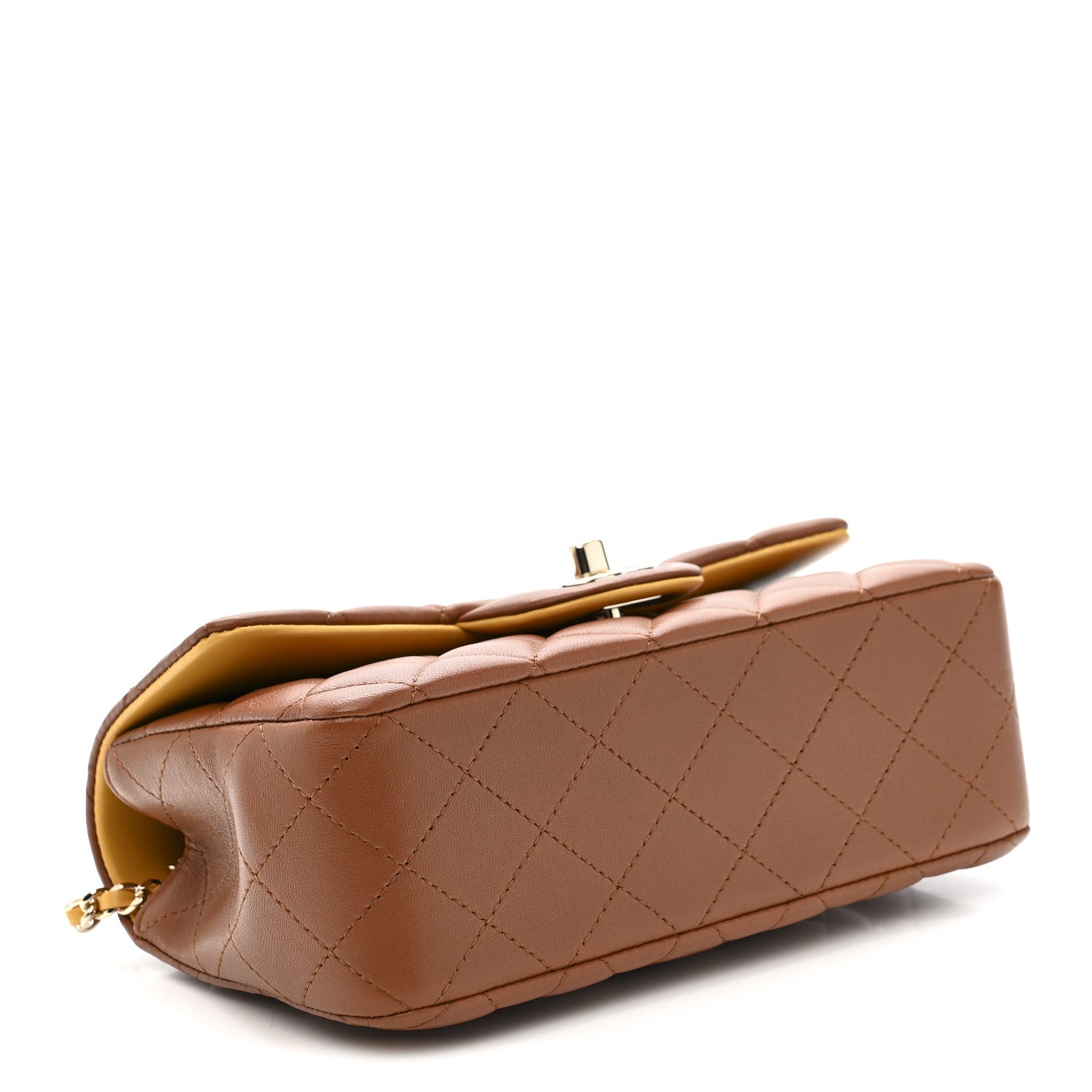 Lambskin Quilted Bi-Color Mini Top Handle Rectangular Flap Light Brown Yellow