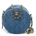 Denim Quilted Round Pearl Crush Clutch With Chain Blue