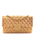 Metallic Lambskin Quilted Medium Double Flap Golden