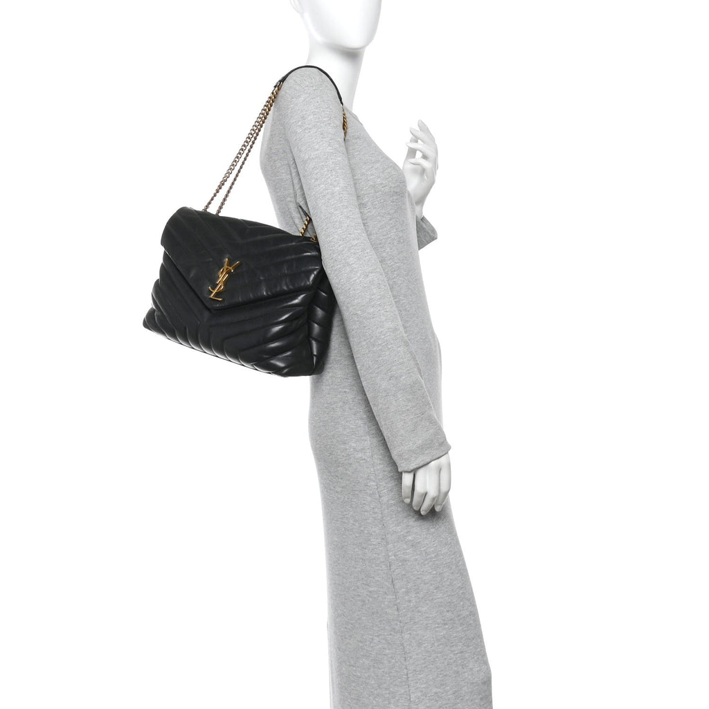 Calfskin Y Quilted Monogram Medium Loulou Chain Satchel Black
