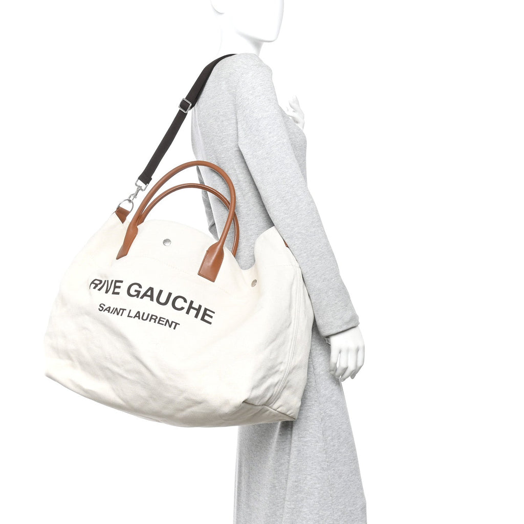 Linen Calfskin Rive Gauche Maxi Tote Grege et Noir