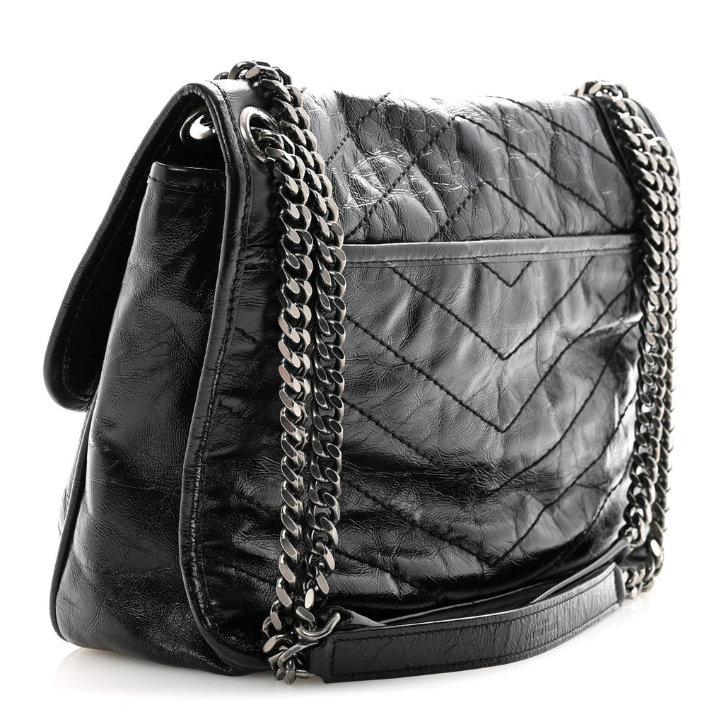 Crinkled Calfskin Matelasse Monogram Medium Niki Chain Satchel Black