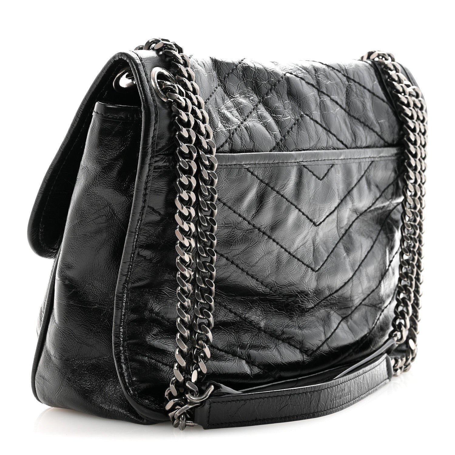 Crinkled Calfskin Matelasse Monogram Medium Niki Chain Satchel Black