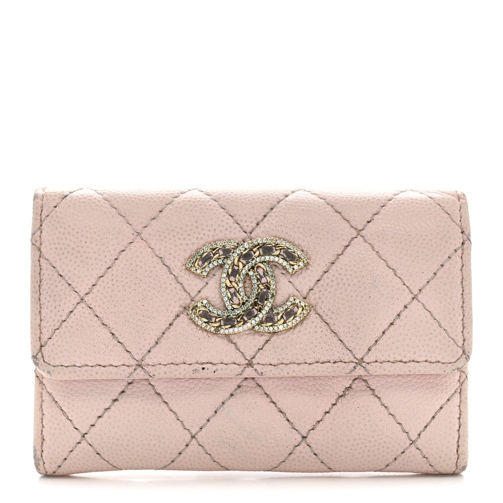 Caviar Quilted Crystal CC Flap  Holder Pink