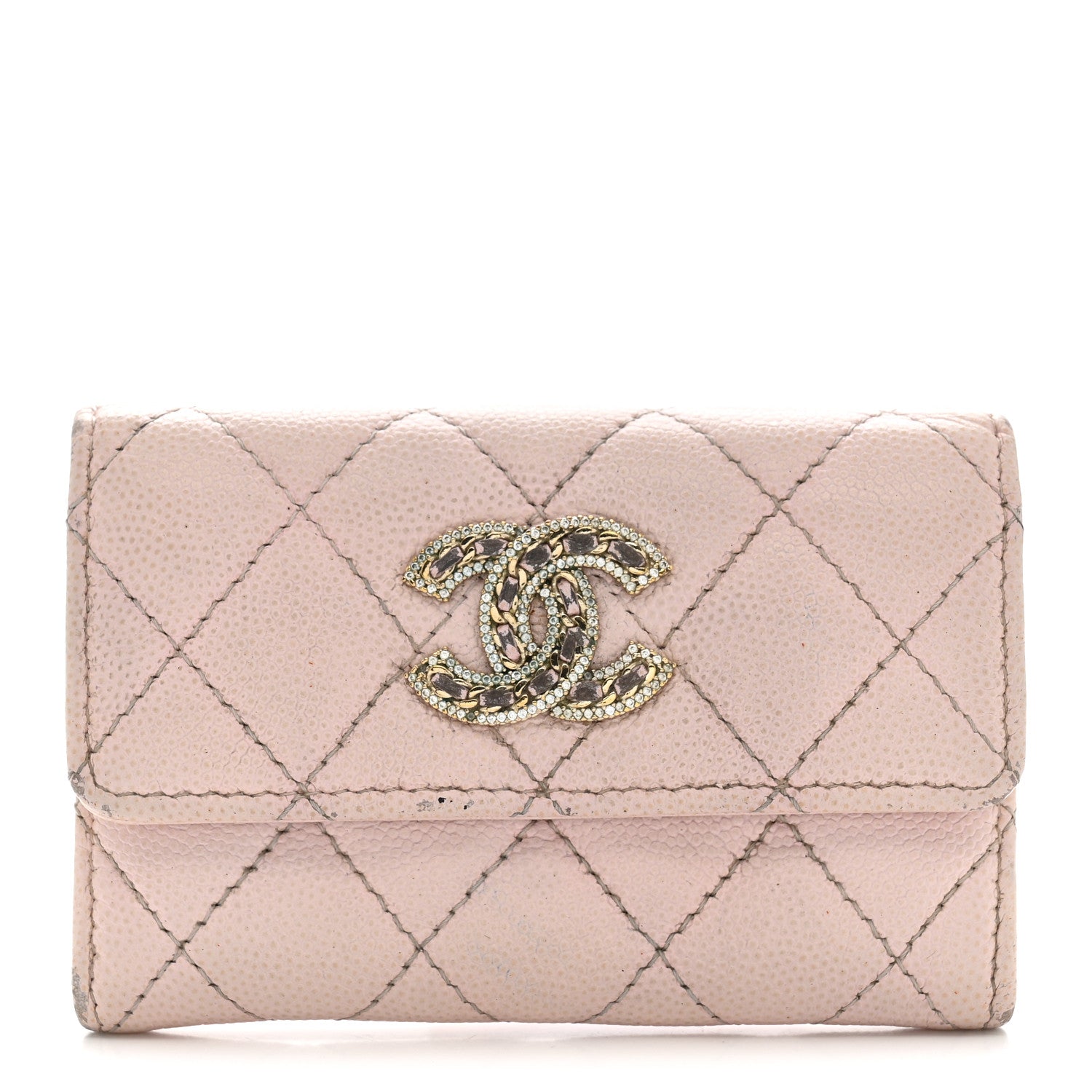 Caviar Quilted Crystal CC Flap  Holder Pink