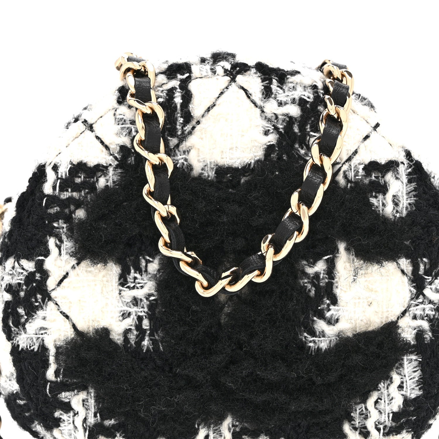 Wool Tweed Lambskin Quilted Round Clutch With Chain and Coin Purse Black White