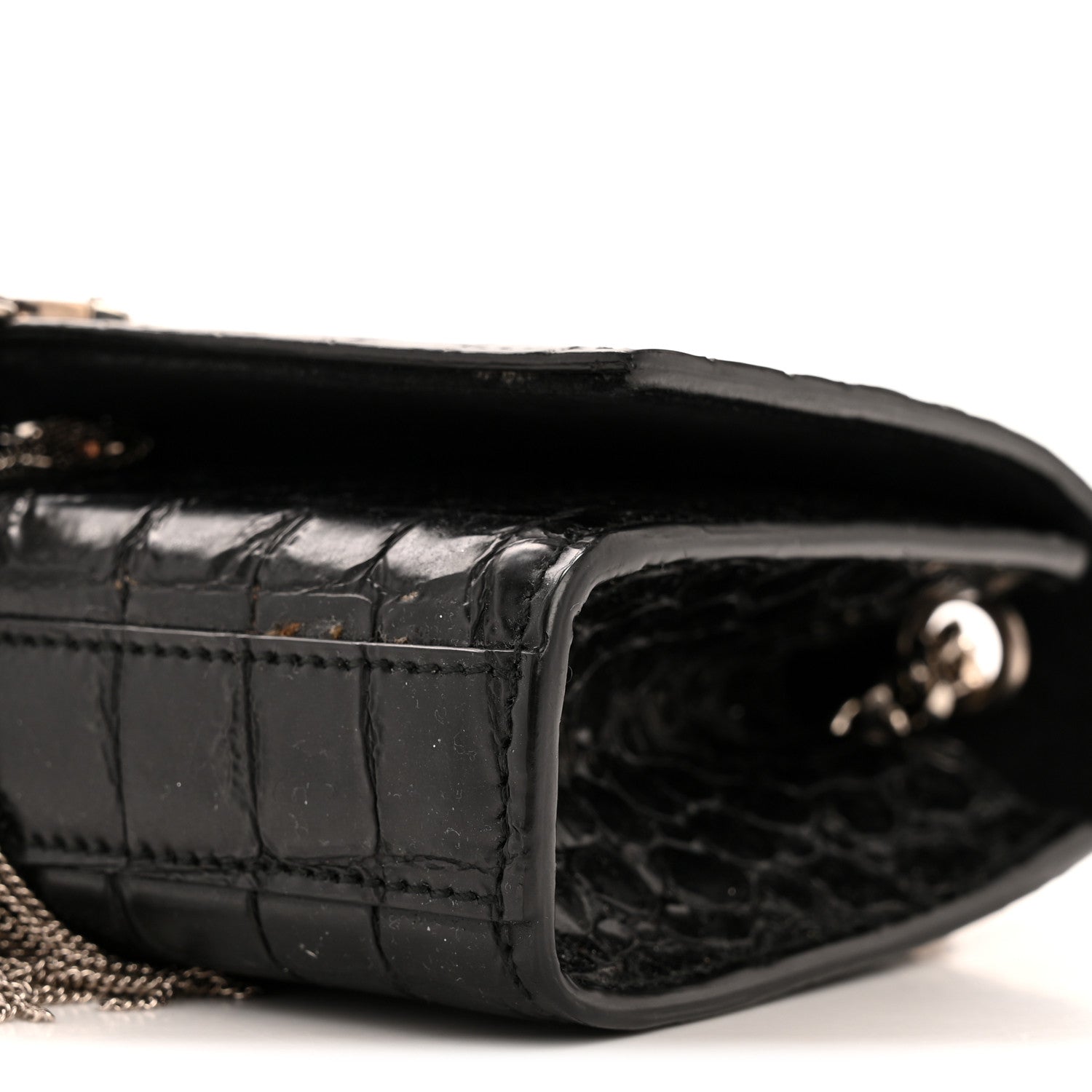 Calfskin Crocodile Embossed Small Classic Monogram Kate Tassel Satchel Black