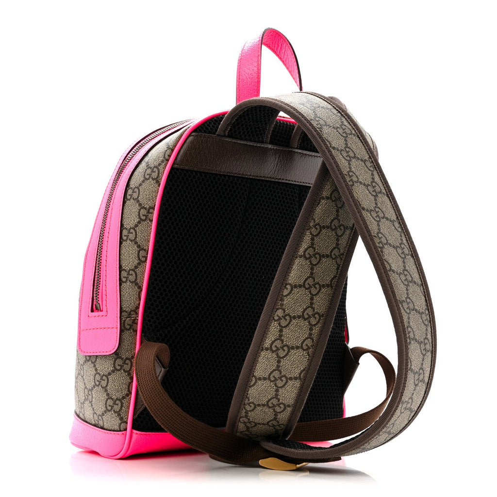 GG Supreme Monogram Textured Dollar Calfskin Web Small Ophidia Day Backpack Beige Ebony Fluorescent Fuchsia