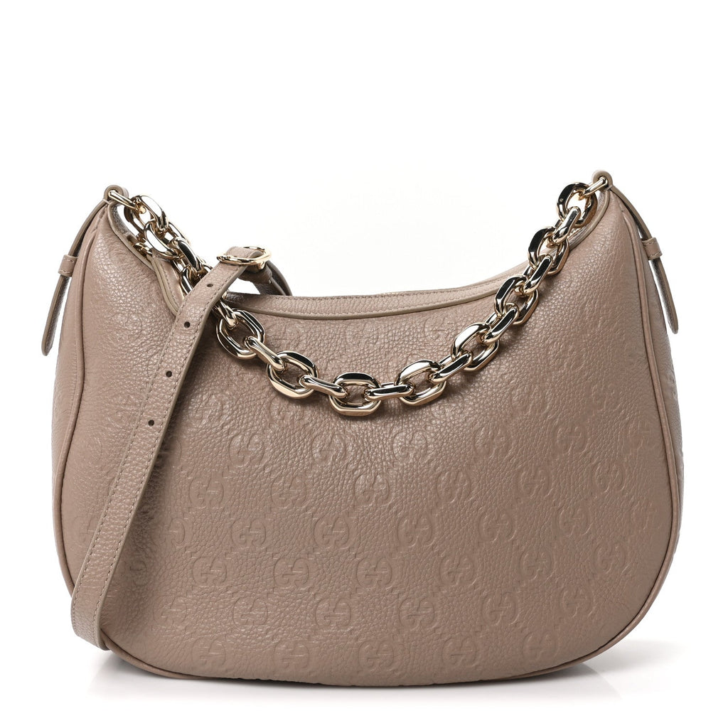 GG Grainy Calfskin Emblem Large Half Moon Shoulder Bag Taupe