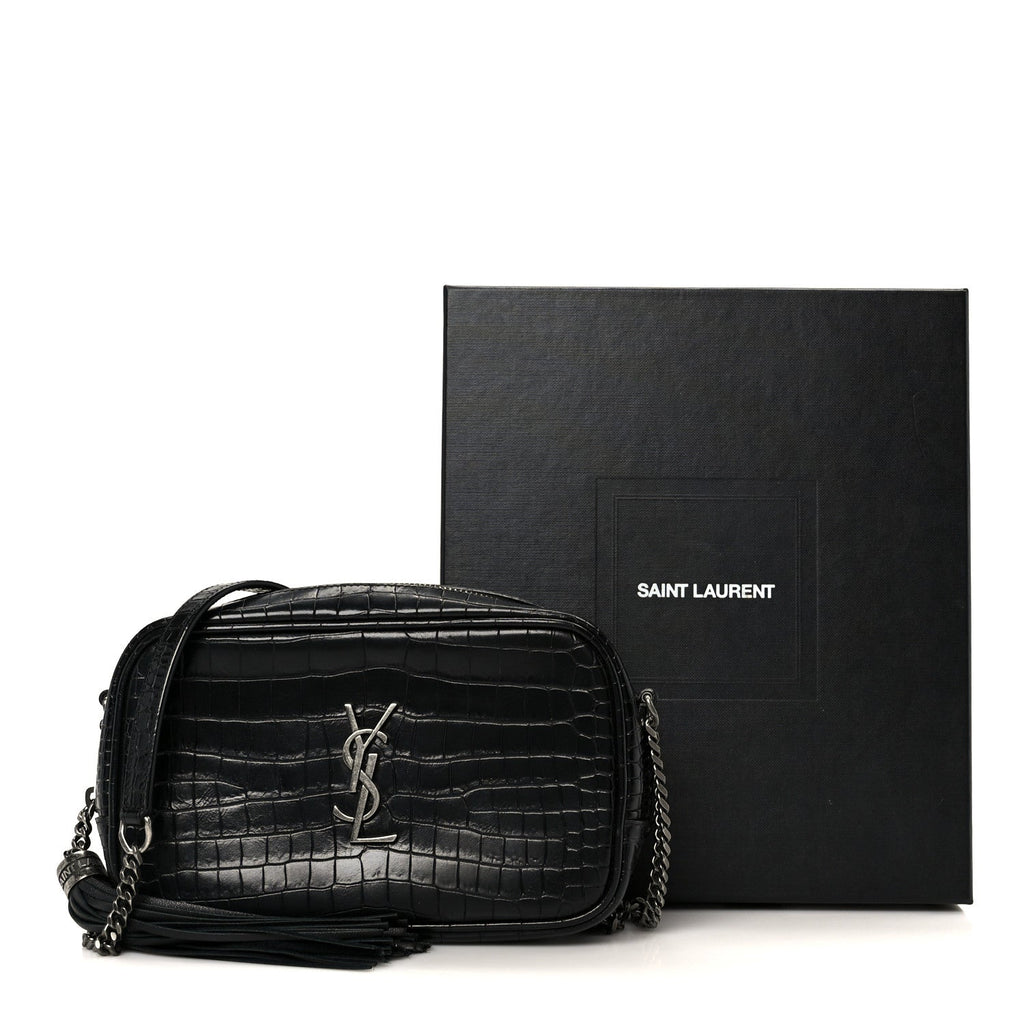 Calfskin Crocodile Embossed Monogram Mini Lou Camera Bag Black