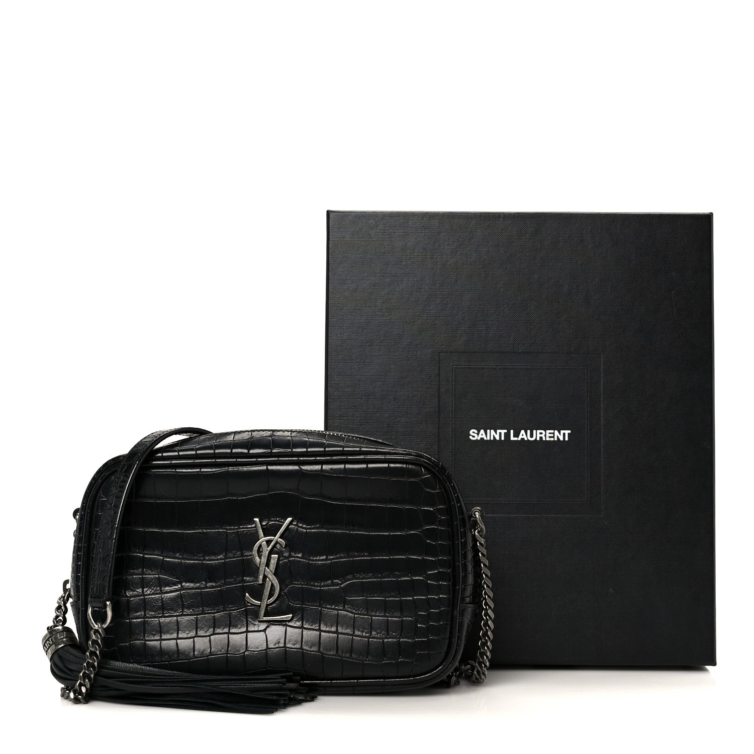 Calfskin Crocodile Embossed Monogram Mini Lou Camera Bag Black
