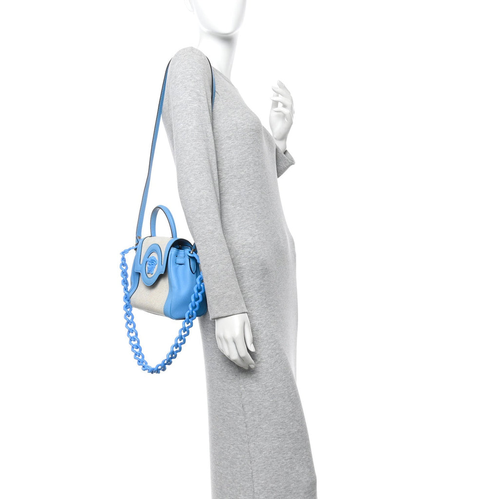 Grained Calfskin Canvas Small La Medusa Chain Top Handle Handbag Rope Blue