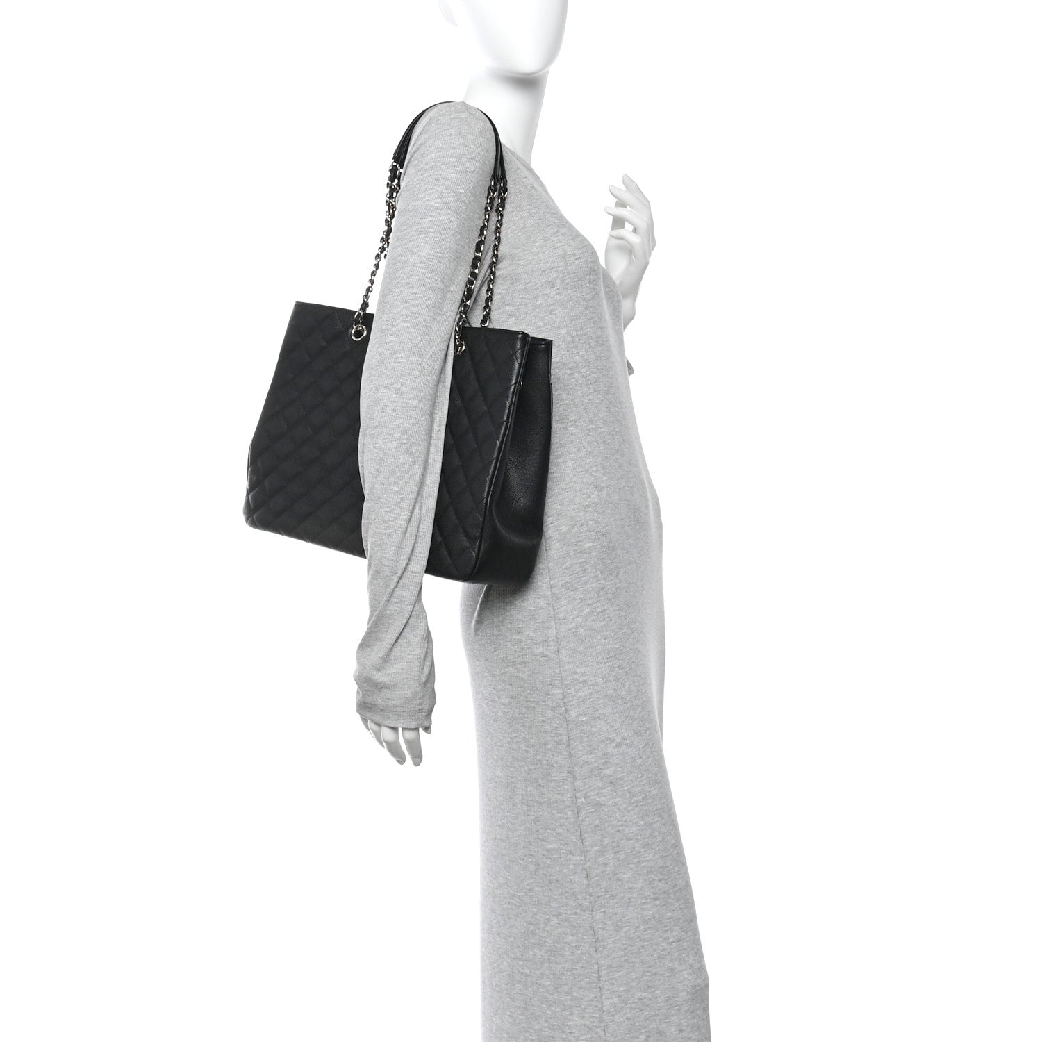 Caviar Quilted Large CC Shopping Tote Black