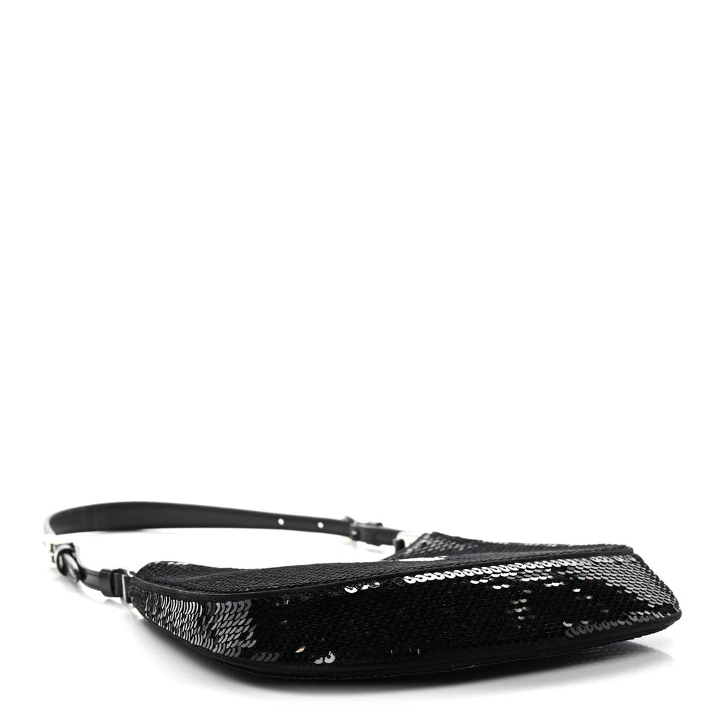 Paillettes Sequin Logo Cleo Adjustable Strap Shoulder Bag Black White