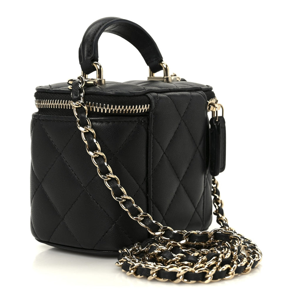 Lambskin Quilted Top Handle Mini Vanity Case With Chain Black
