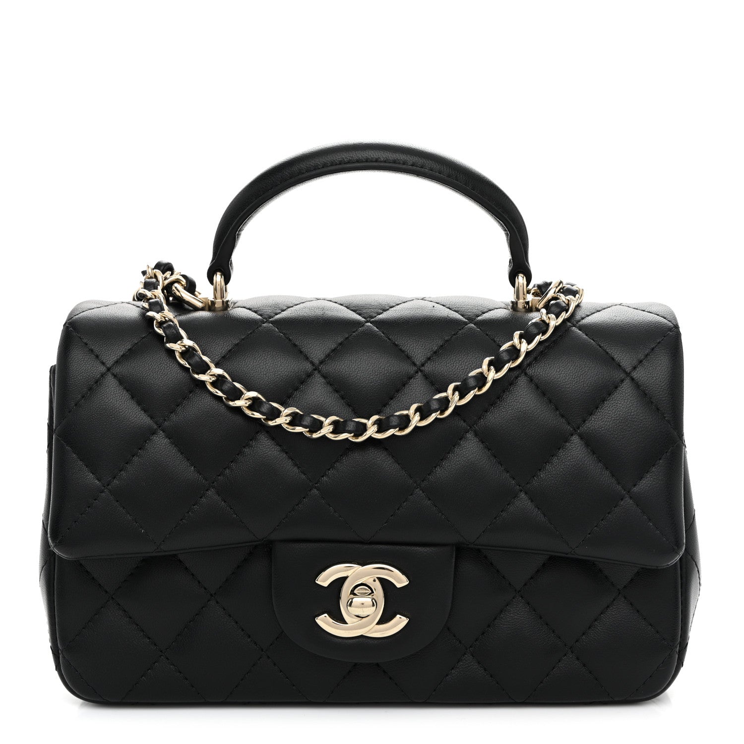Lambskin Quilted Mini Top Handle Rectangular Flap Black