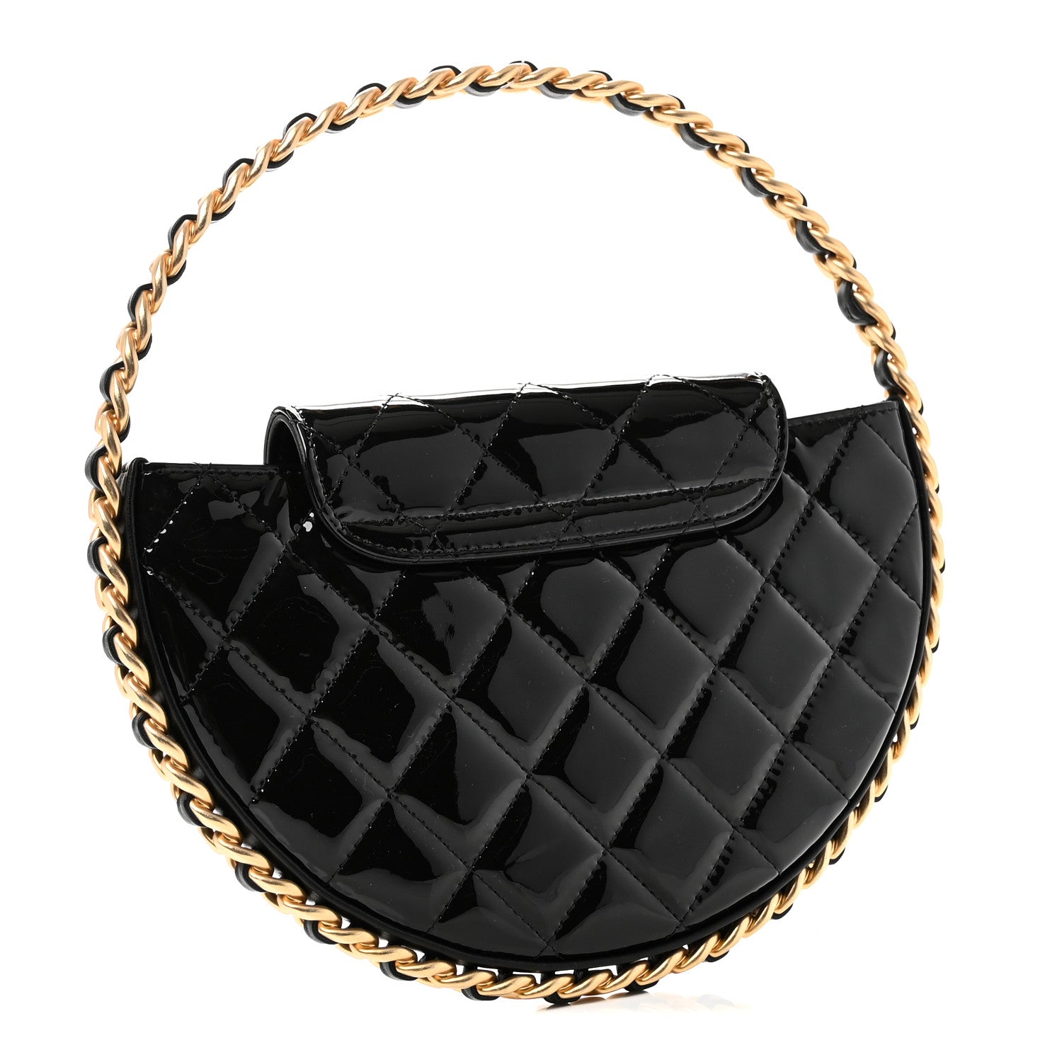 Patent Calfskin Quilted Chain Hoop Bag Black