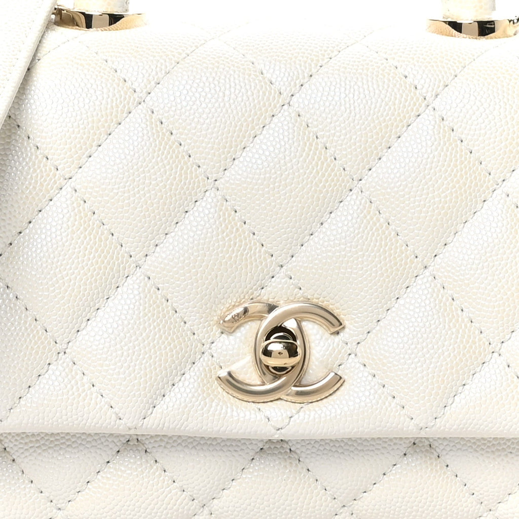Iridescent Caviar Quilted Extra Mini Coco Handle Flap White