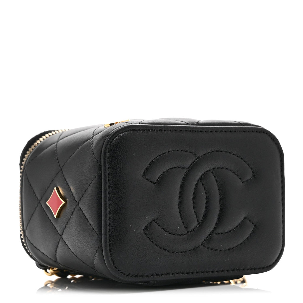 Lambskin Quilted Enamel Coco Casino Mini Vanity Case With Chain Black