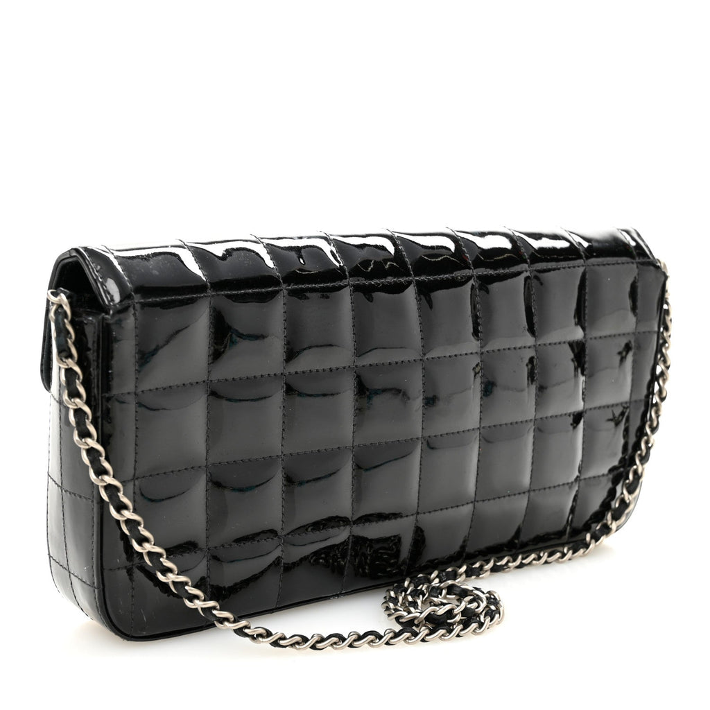 Patent Quilted East West Chocolate Bar Flap Black