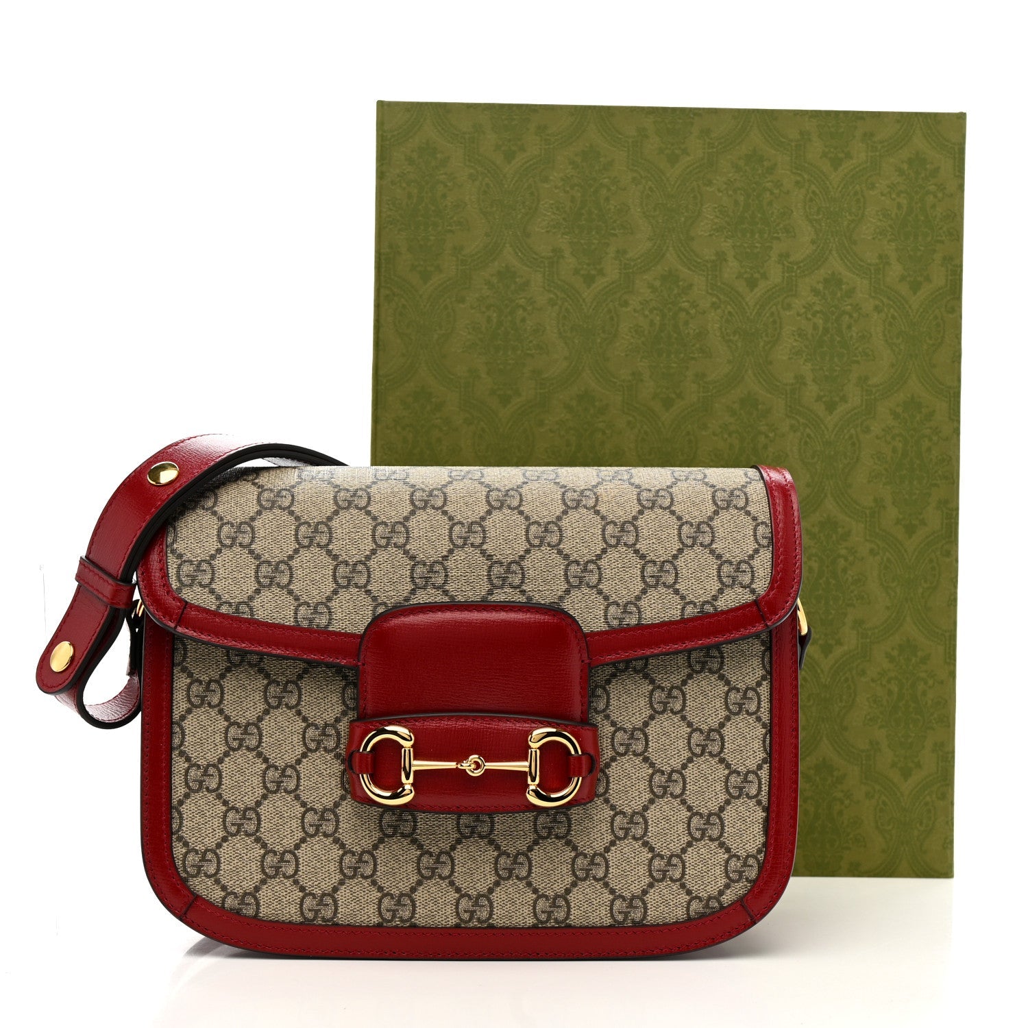GG Supreme Monogram Azalea Calfskin Horsebit 1955 Shoulder Bag Beige Ebony New Cherry Red