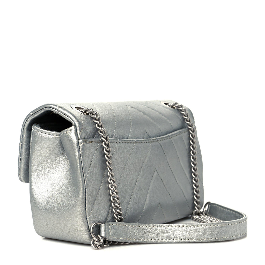 Metallic Lambskin Chevron Quilted Mini Rectangular Flap Silver