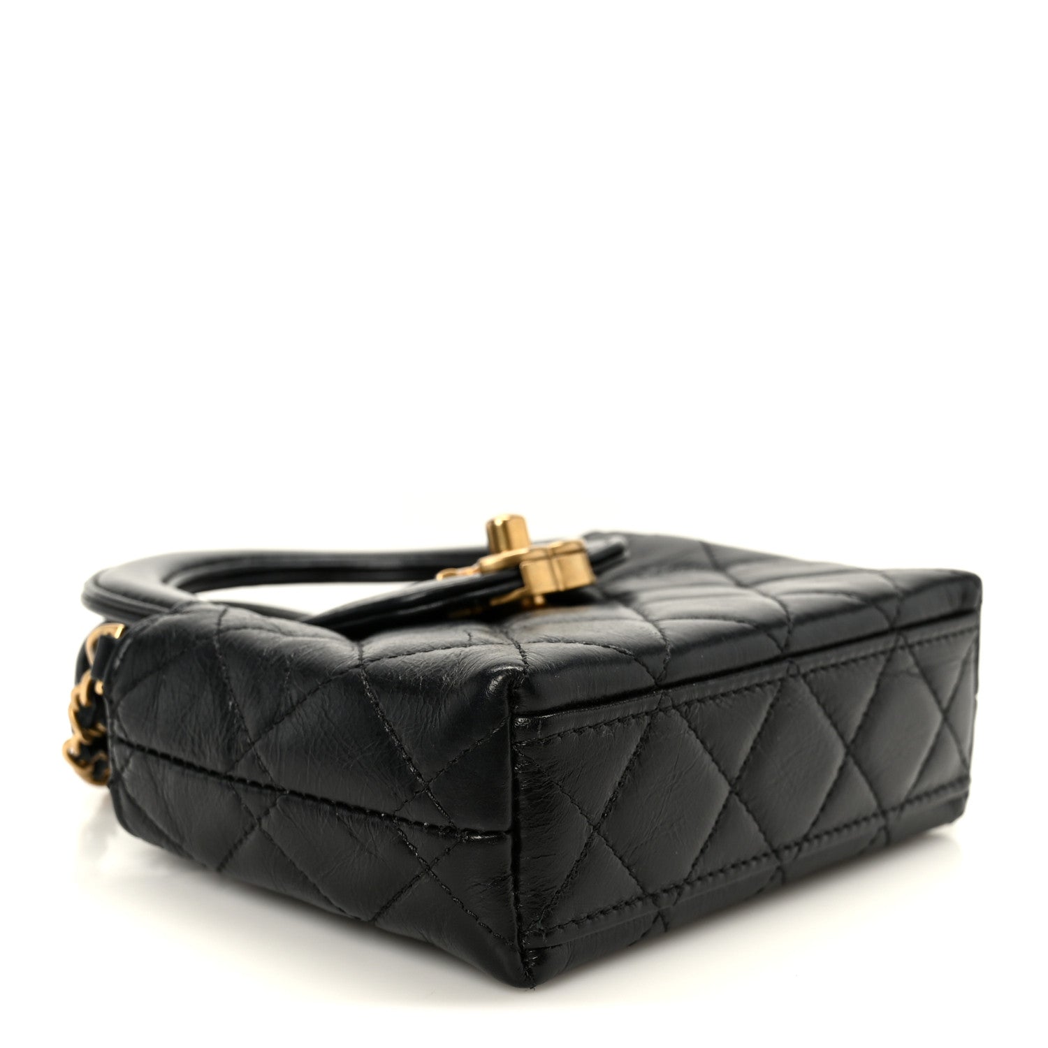 Shiny Aged Calfskin Quilted Mini Nano Kelly Shopper Black