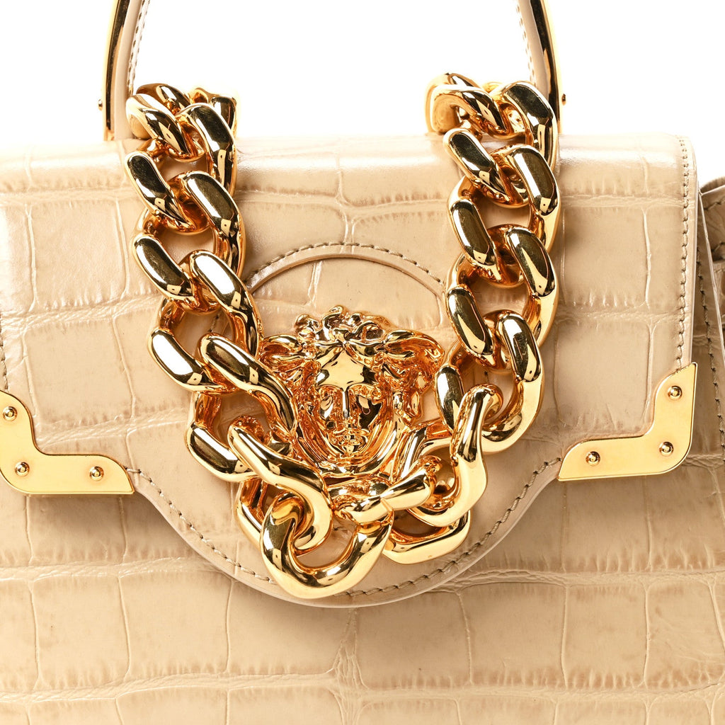 Calfskin Crocodile Embossed Small La Medusa Top Handle Bag Beige