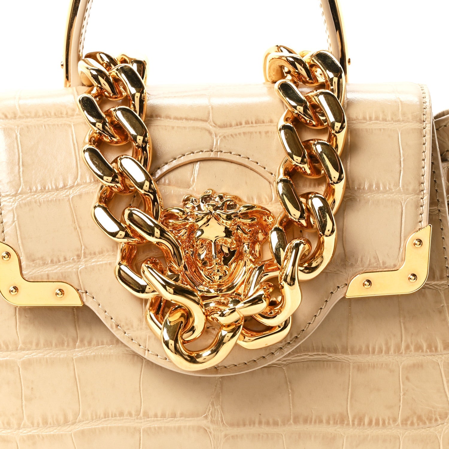 Calfskin Crocodile Embossed Small La Medusa Top Handle Bag Beige