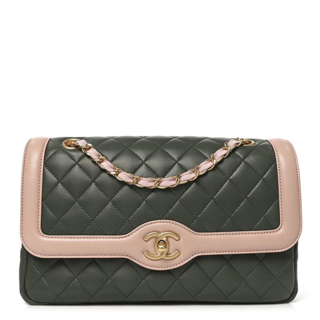 Lambskin Quilted Medium Bi-Color Flap Green Pink