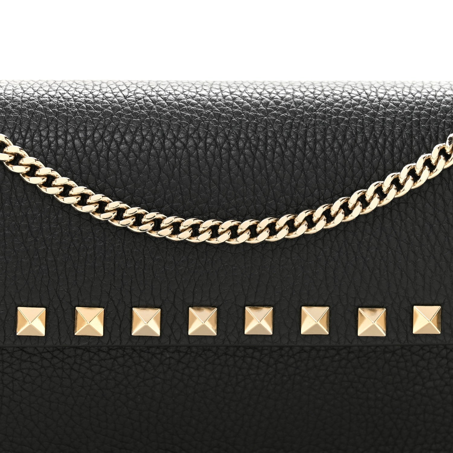 Pebbled Calfskin Rockstud Flap Wallet On Chain Black