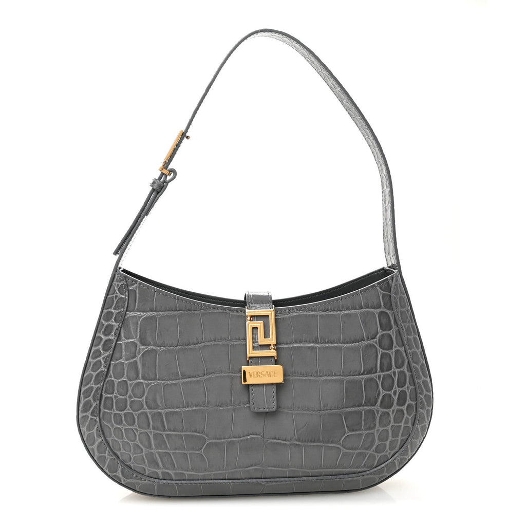 Calfskin Crocodile Embossed Large Greca Goddess Bag Charcoal