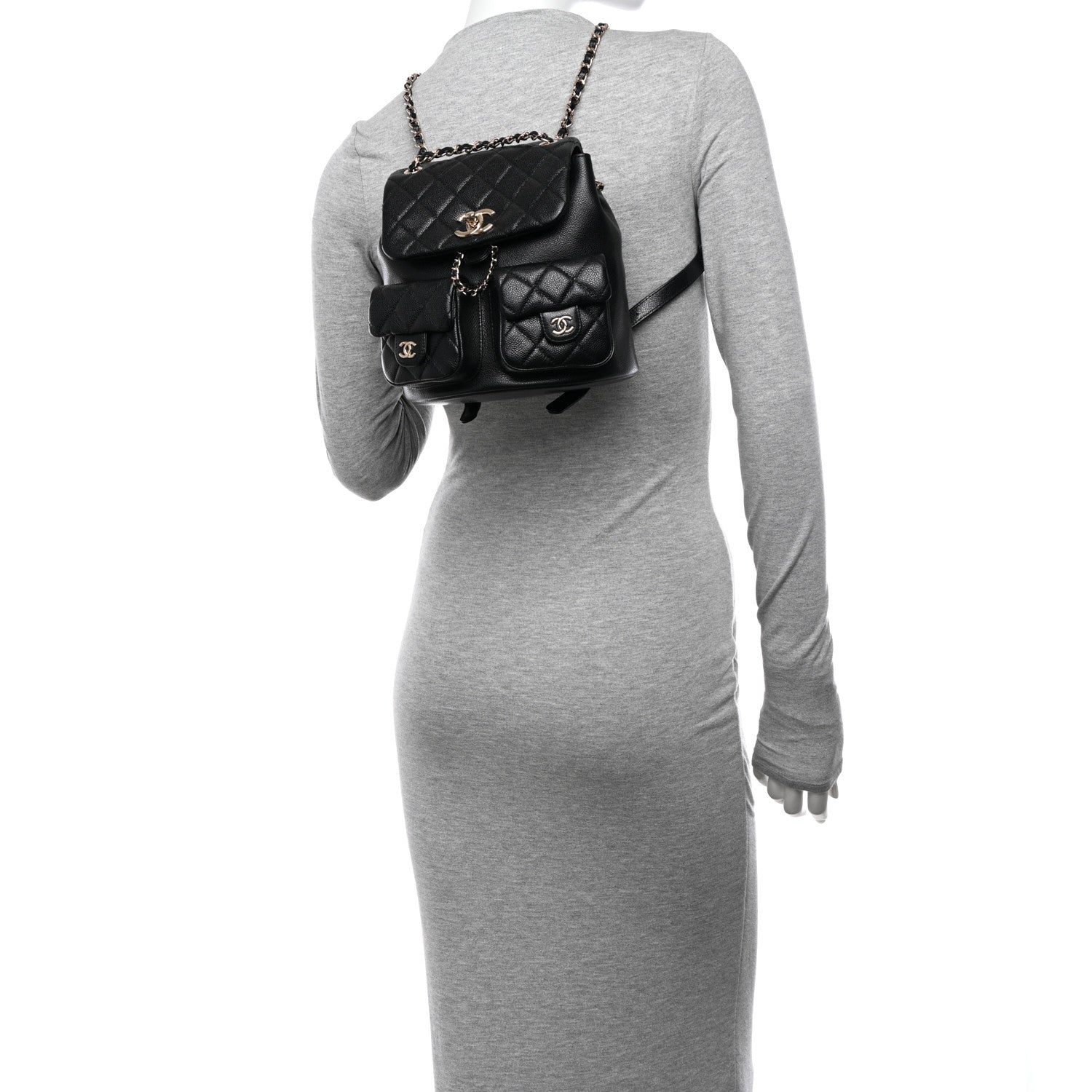 Shiny Caviar Quilted Medium Duma Pockets Drawstring Backpack Black
