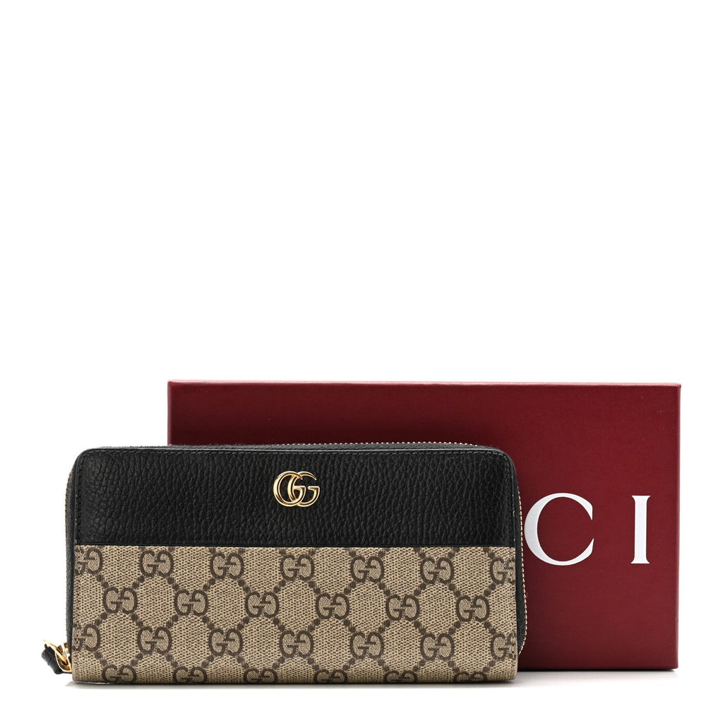 Dollar Calfskin GG Supreme Monogram GG Marmont Zip Around Wallet Black Beige Ebony