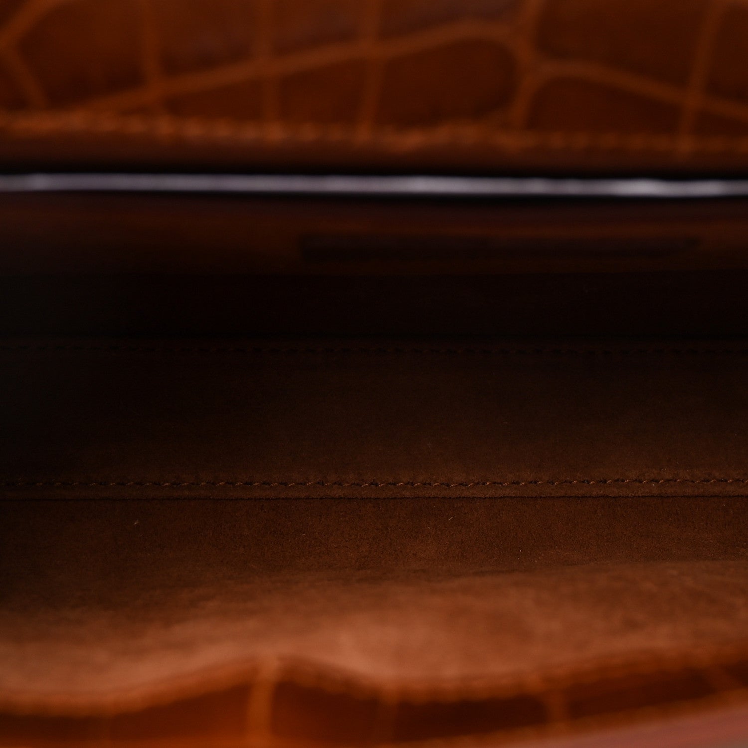 Shiny Calfskin Crocodile Embossed Small Manhattan Baguette Dark Caramel